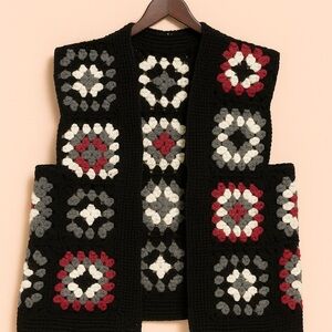 Hand Crafted Black and Red Crochet Women's Cardigan